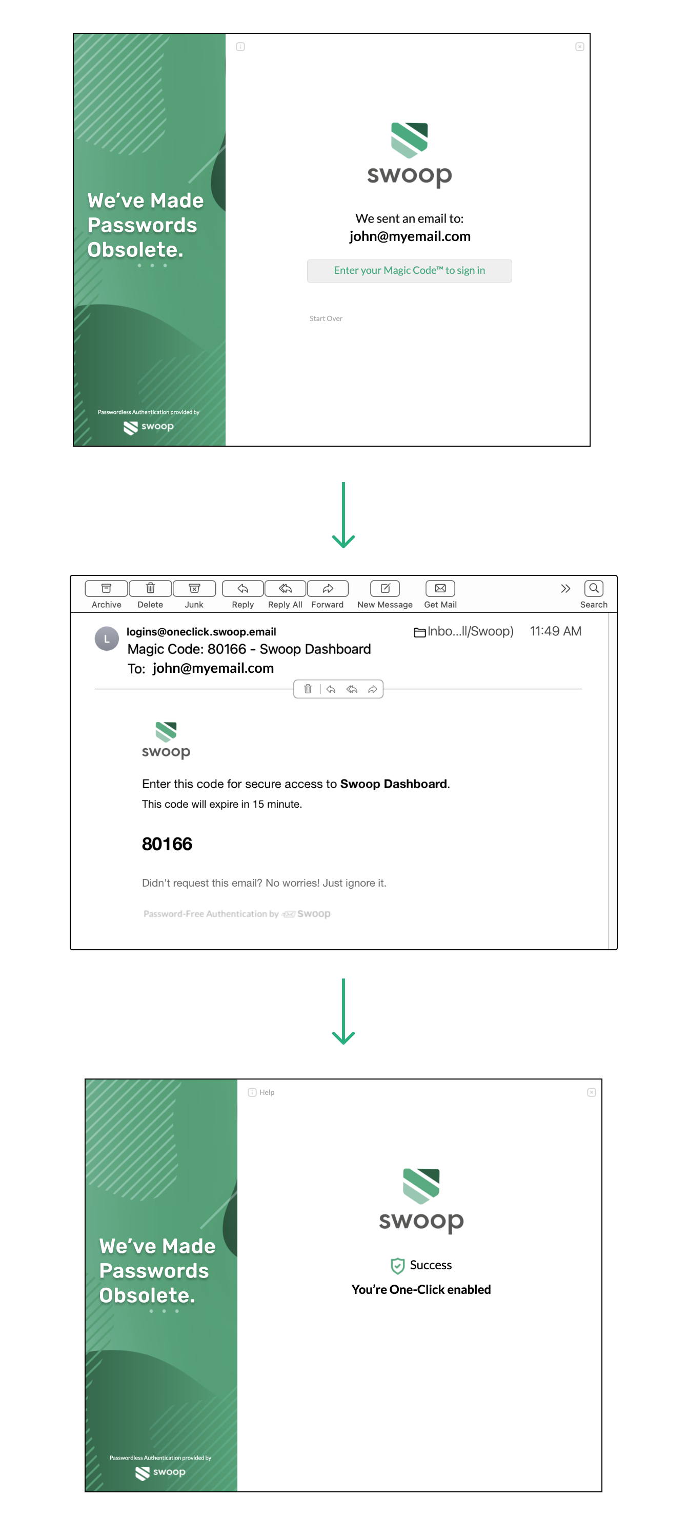 One common method of passwordless authentication is to send users a Magic Link to sign into their account.